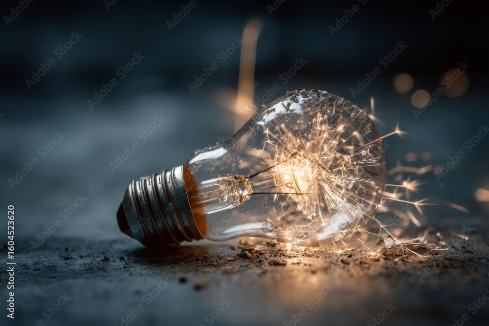 Poster light bulb shattering with sparkles and bright glow in an artistic display of energy and creativity,