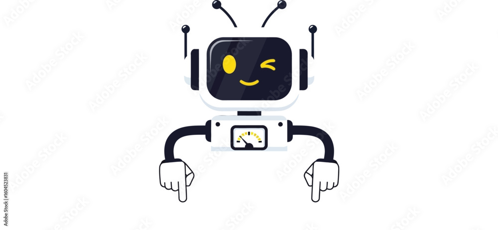 Aufkleber cute robot pointing down vector illustration for ai technology and automation with cartoon character