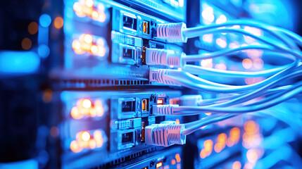 A network server with multiple Ethernet cables connected to it, illuminated by blue and orange lights.