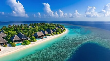 Aerial view of luxury resort with wooden bungalows on a tropical island surrounded by turquoise water and coral reef, Maldives