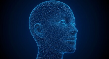 Wireframe Head Model in Blue - Technology and Futuristic Concept