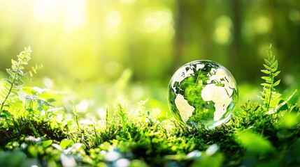A glass globe with a map of the world on it, placed on a lush green grassy field with sunlight filtering through the trees.