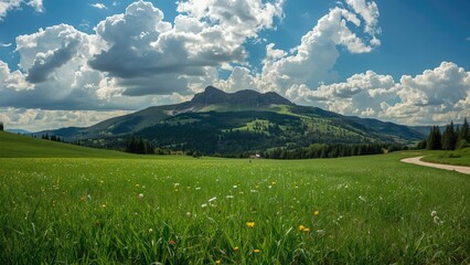 Fototapeta premium Scenic rural mountain view featuring vibrant summer fields and an unpaved road beneath overcast skies