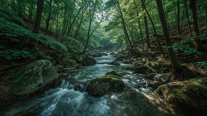 Obraz premium Water running over rocky terrain in a forest close to a massive tree