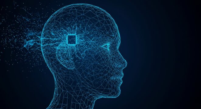 Digital Human Head with Microchip in Blue Network Style