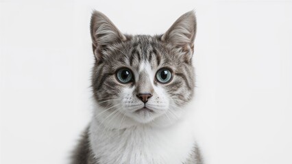 Obraz premium A lonely black and white feline on the road, captivating animal portrait with large eyes, charming and solitary cat against a plain background