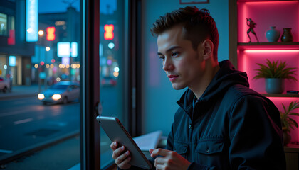 Young man using tablet while sitting by window in urban cafe at night  