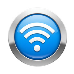 This is a 3D-rendered icon of a Wi-Fi symbol within a glossy blue circle, framed by a metallic silver ring.