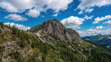 Obraz premium Stunning vertical view of rugged peaks beneath a bright sky filled with clouds during the day