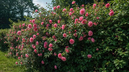 A wild Dog Rose covered in pink flowers growing along a hedge in a warm summer rural setting