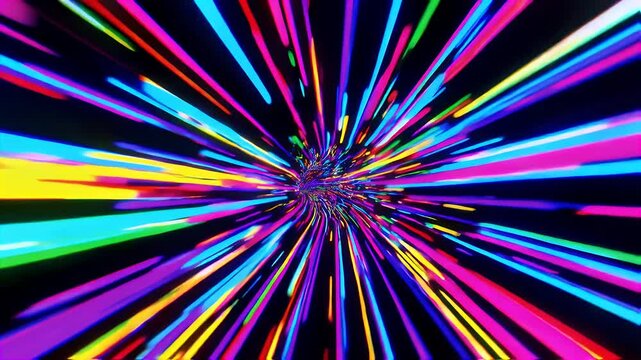 Neon rainbow lines race outward from vanishing point delivering high speed warp sensation our new headline highlights K psychedelic energy loop capability perfect application EDM stages retro intros