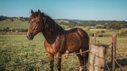 Obraz premium Portrait orientation of one horse standing close to a crafted metal fence in rural area