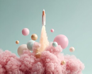 Modern Premium Rocket Launch Concept with Pastel Clouds and Spheres Inspiring Space Innovation for Millennial Tech Marketing and Social Media