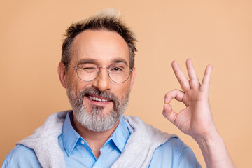 Mature gentleman with fashionable beard showcasing a gesture on a beige background, embodying...