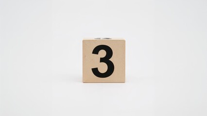 A lone wooden cube features the digit three in black against a plain white backdrop.