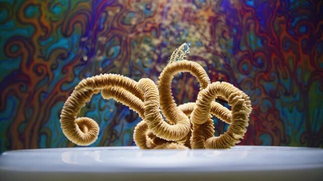 Bimetallic metallic strip curling and uncurling, showcasing thermal expansion dynamics with contrasting white and colorful background, demonstrating scientific principles of material behavior