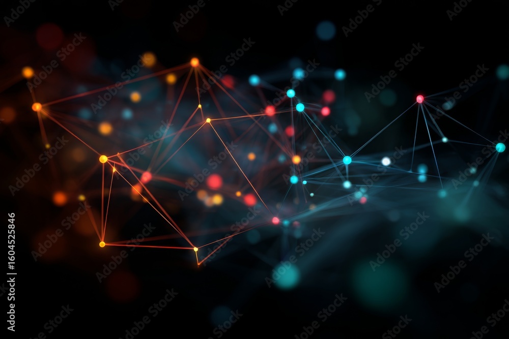Poster abstract network illustration showcasing colorful nodes and interconnected lines on a dark backgroun