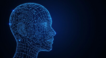 Human Head Wireframe with Circuit Design on Dark Background