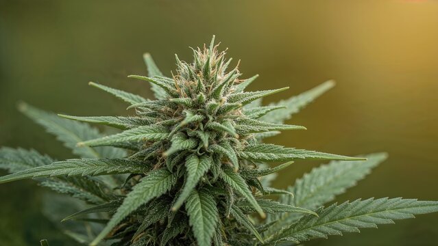 A medical cannabis nug with fresh green leaves extending outward.