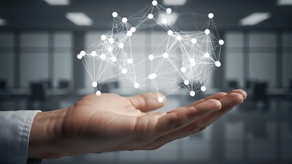 Open Hand Displaying a White Network Structure in a Meeting Room Represents Connectivity Innovation Modern Technology and Communication - Powered by Adobe