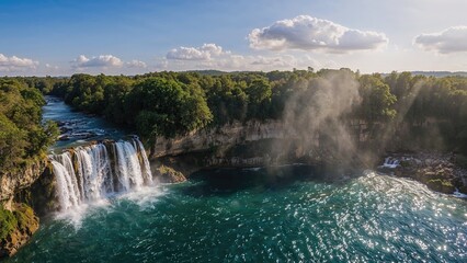 Fototapeta premium Bird's-Eye View of Stunning Cascading Waterfalls in a Lush Landscape