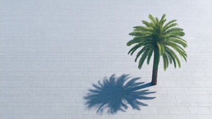 Lush green palm tree casting a long shadow on a light-colored pavement, creating a serene tropical atmosphere with natural beauty