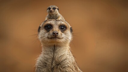 Close-up of a meerkat standing on a tree branch with focused eyes