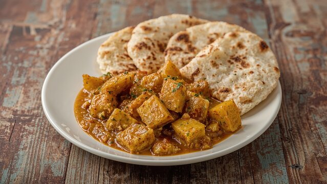 Jeera Aloo stir-fry served with Indian flatbread on a vibrant wooden surface for a lunch or dinner meal