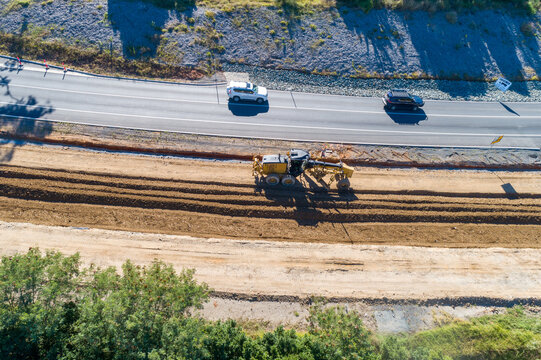 Aerial view of grader and roadworks.