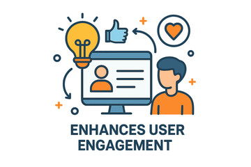 User engagement enhancement concept with computer monitor profile, light bulb idea, thumbs up like, heart loyalty icon, customer interaction, digital marketing UX vector illustration