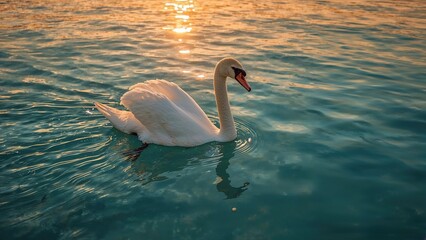 A lone white swan floats gracefully on the sea at sunset