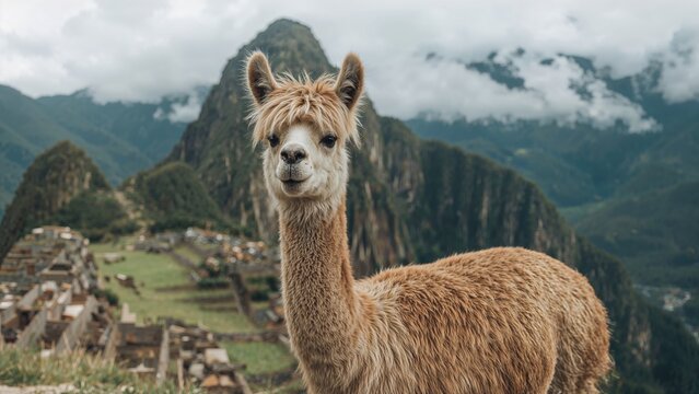 Alpaca beside ancient archaeological remains