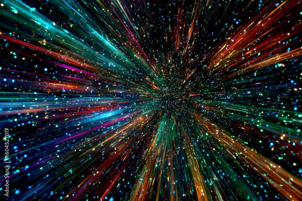 Poster vibrant abstract space explosion with multicolored streaks of light and stars radiating in all direc