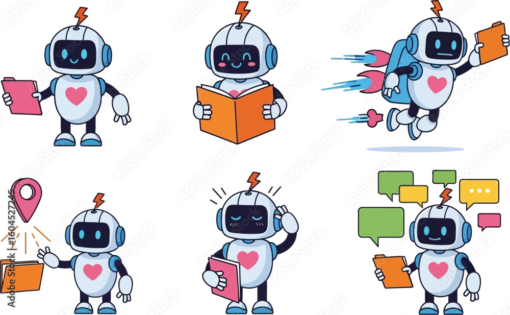 Aufkleber cute robot character set ai assistant automation technology vector illustration design concept art