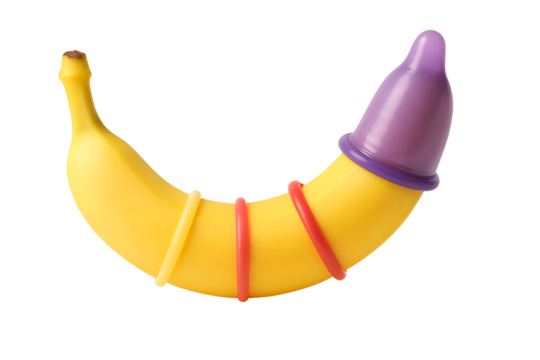 Banana with colorful rings and condom cap isolated on transparent background - Powered by Adobe