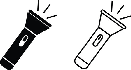 Hand torch flashlight set, black vector collection of electric lantern group in flat and line style, portable light, battery lamp, emergency beam outline, glowing tool icon bundle