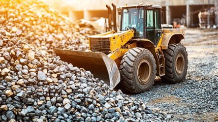 A yellow bulldozer with large tires and a front loader is parked on a construction site with a pile of rocks in the background.