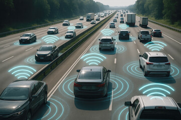 Autonomous vehicles communicating on a busy highway traffic cars