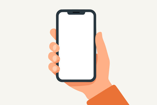 Hand holding smartphone with blank white screen flat design vector illustration. Mobile device mockup technology communication digital modern minimalist style