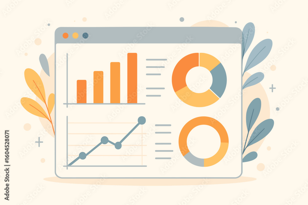 Aufkleber analytics dashboard concept. web browser with data visualization charts, statistics graphs, business