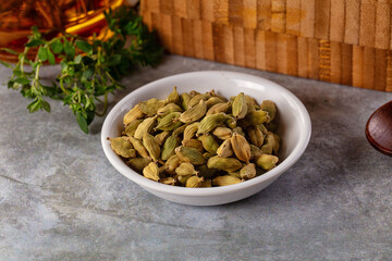 Green dry cardamom heap spices aroma