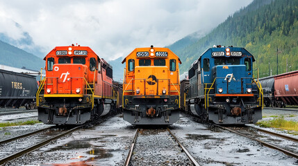 Obraz premium Three colorful train engines on tracks with mountains in the background.