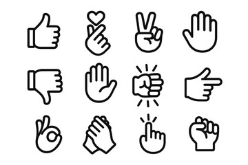 Hand gesture outline icon set &ndash; thumbs up, thumbs down, finger heart, peace sign, raised palm stop, fist bump, pointing finger, OK sign, clap hands, clenched fist emoji symbols