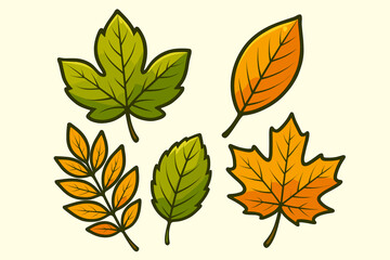 Autumn leaf collection vector set. Fall foliage design elements bundle. Green orange leaves graphics. Nature botanical illustration pack symbols decoration