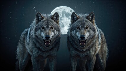 Moonlit night showcasing a pair of wolves