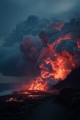 Volcano Erupting On Coastline creating smoke, lava flow, for use in science