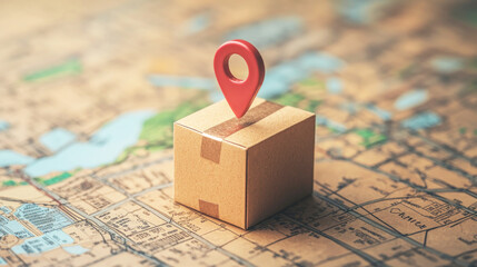 A cardboard box with a red map pin on a map of a city.