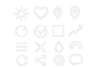 Minimalist white geometric icons collection on black background, modern web design elements, abstract logo symbols, branding graphics set, monochrome vector illustration for print
