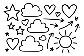 Hand drawn doodle clipart set of outline stars, hearts, clouds, arrows, sun. Cute sketch icon collection. Black line art elements isolated on transparent background for kids design