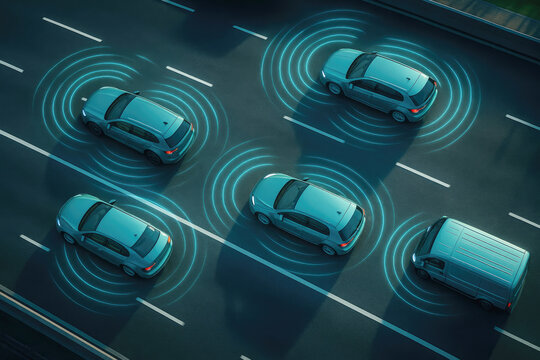 Autonomous vehicles communicating on a highway self driving cars traffic